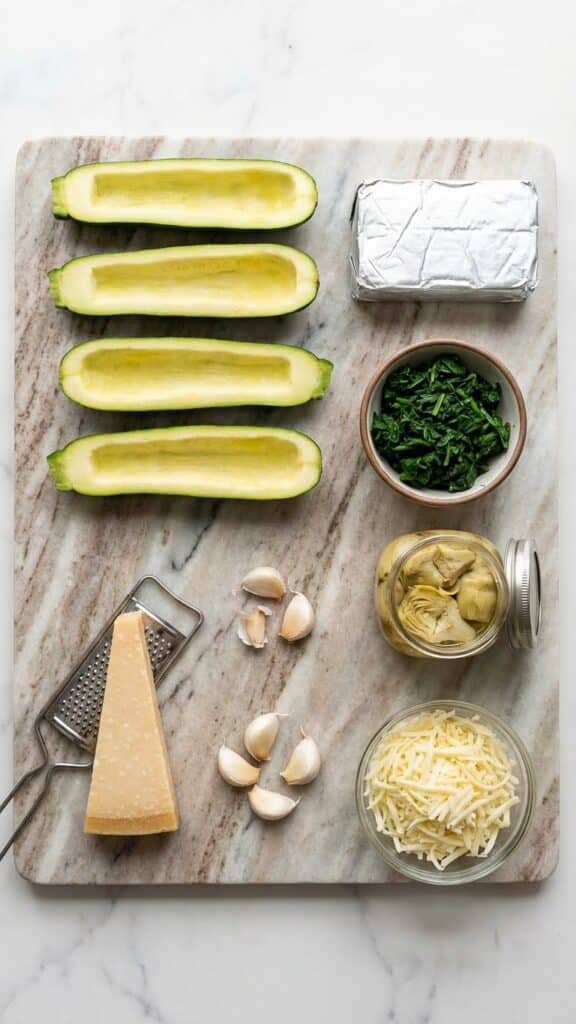 Flat lay of ingredients for spinach artichoke zucchini including cream cheese, spinach, and artichokes.
