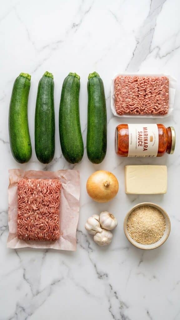 Flat lay of ingredients for stuffed zucchini including fresh zucchini, sausage, marinara sauce, and cheese.