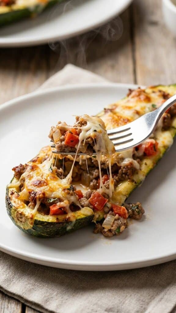 Close-up of a fork cutting into a cheesy stuffed zucchini boat showing the savory filling.