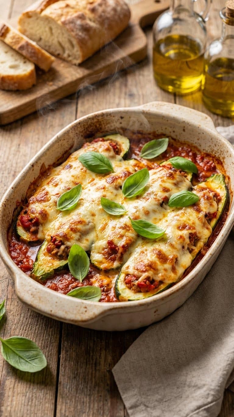Baked zucchini boats stuffed with meat sauce and topped with melted mozzarella cheese in a baking dish.