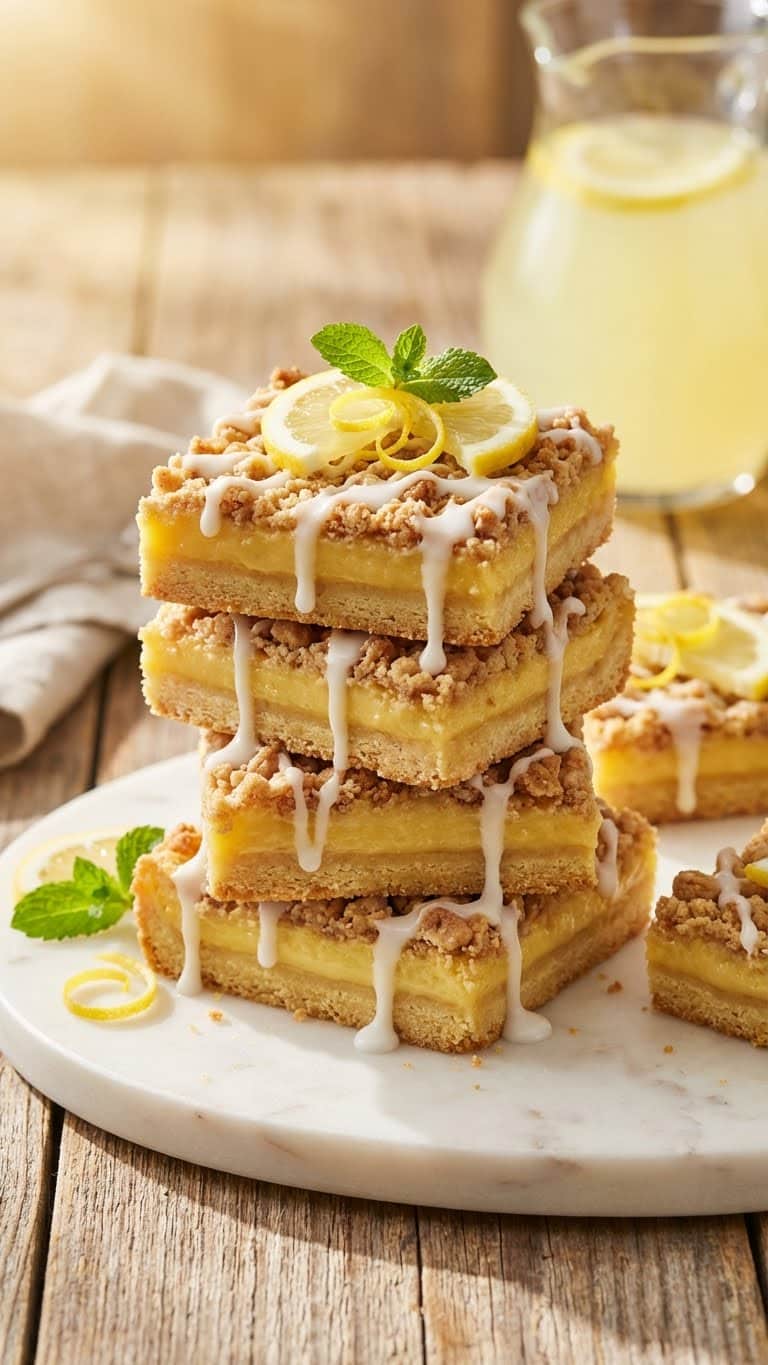 Stack of lemon crumble bars with sugar cookie crust and white glaze drizzle.