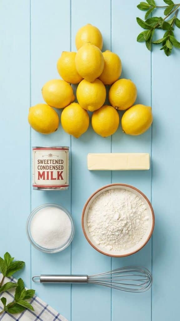Flat lay of ingredients for lemon bars including lemons, condensed milk, and butter.
