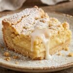 Close-up of a lemon crumble bar showing the creamy texture.