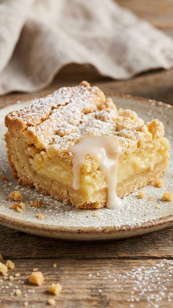 Close-up of a lemon crumble bar showing the creamy texture.
