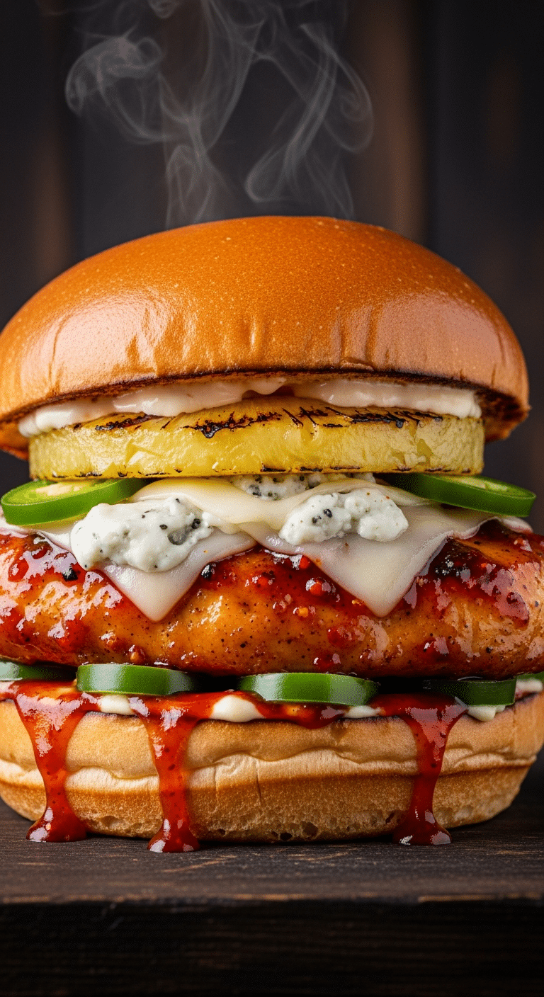 Sweet and Spicy Pineapple Chicken Sandwich with grilled pineapple rings and jalapeños on a brioche bun.