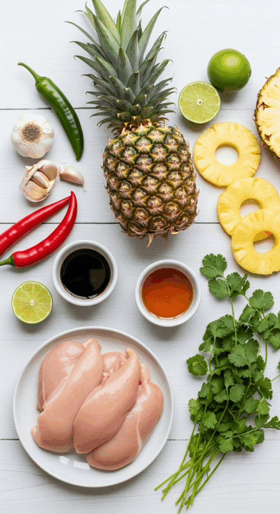 Ingredients for Pineapple Chicken Sandwiches including fresh pineapple, chicken breast, chili peppers, and honey.