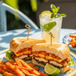 Plated Sweet and Spicy Pineapple Chicken Sandwich served with sweet potato fries on a sunny patio.