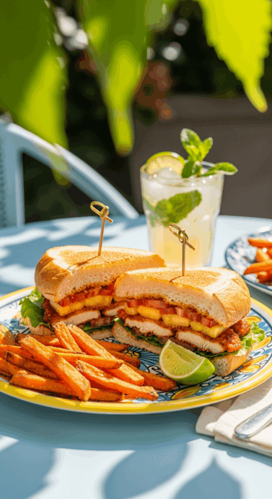 Plated Sweet and Spicy Pineapple Chicken Sandwich served with sweet potato fries on a sunny patio.
