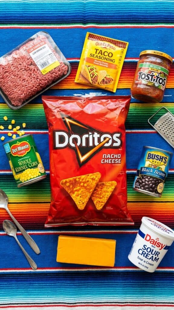 Ingredients for taco casserole including Doritos, ground beef, salsa, corn, and cheese.