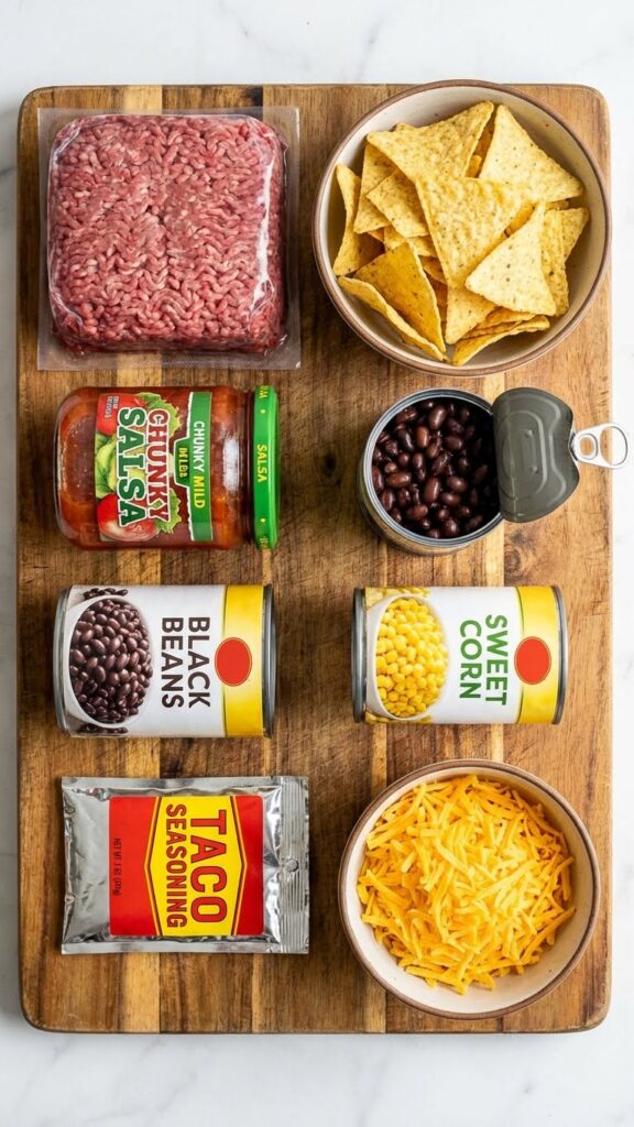 Flat lay of ingredients for taco casserole including ground beef, salsa, and chips.