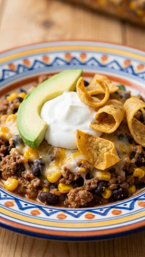 Close-up of a serving of taco casserole topped with sour cream and avocado.