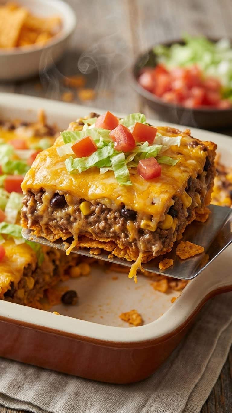 A slice of cheesy taco casserole made with Doritos, ground beef, and corn being lifted from a pan.