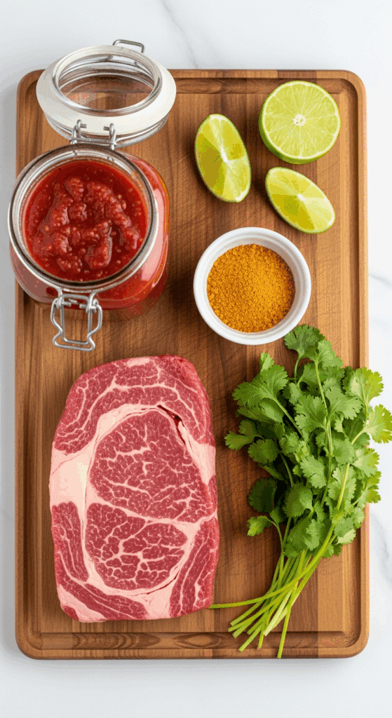 Overhead view of ingredients for salsa beef: a raw beef roast, a jar of salsa, lime wedges, and spices arranged on a wooden board.