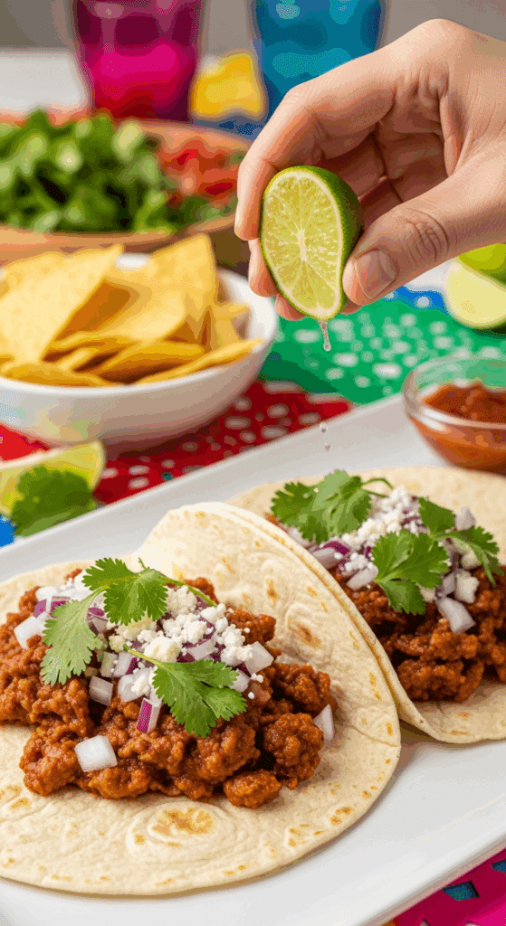 Soft tacos filled with shredded salsa beef being garnished with lime juice, onions, and cheese in a festive dining setting.