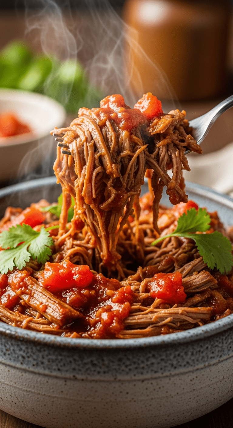 A close-up view of juicy, shredded beef cooked in salsa served in a stoneware bowl, with a fork lifting a tender portion.