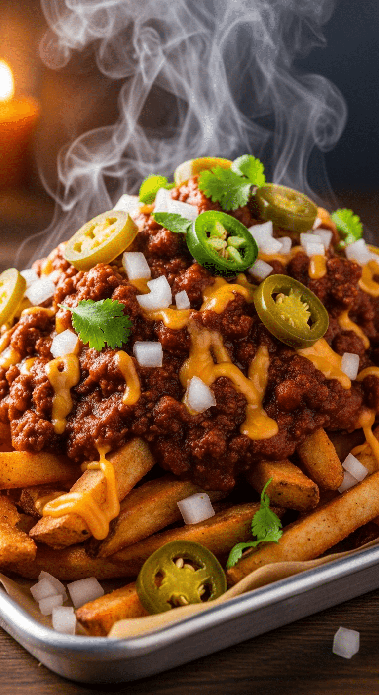 A large metal tray overflowing with crispy steak fries topped with thick, chunky Texas beef chili, melted cheddar cheese, jalapeños, and onions.