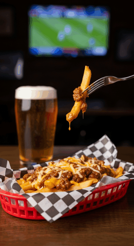 A pub basket filled with chili fries, with a fork lifting a cheesy fry, set against a background of a beer and a sports bar environment.