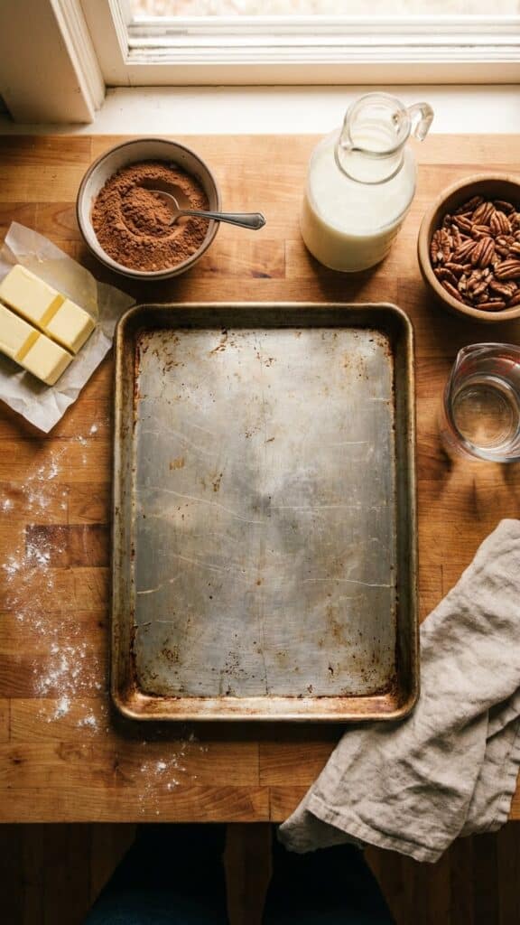 Ingredients for Texas sheet cake including butter, cocoa, buttermilk, and a sheet pan.
