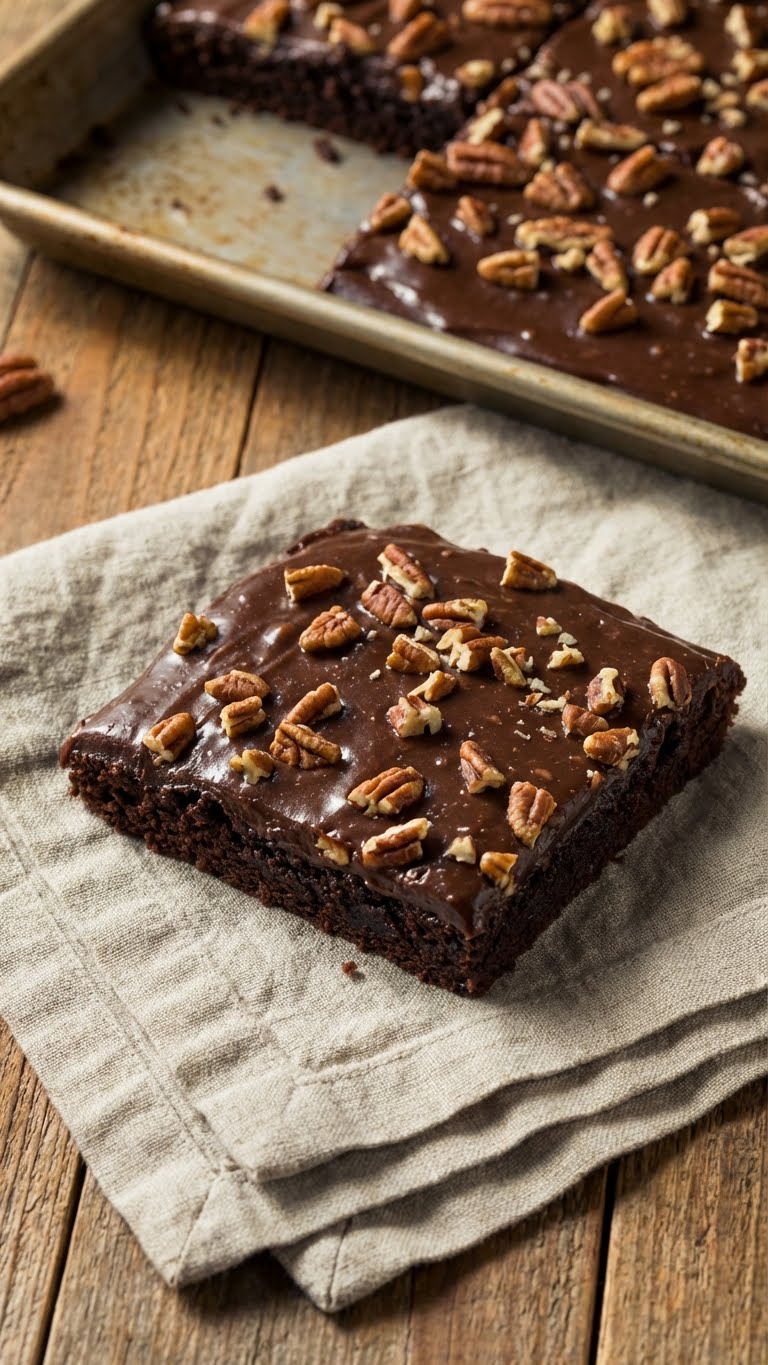 A slice of thin chocolate Texas sheet cake with glossy pecan frosting on a napkin.A slice of thin chocolate Texas sheet cake with glossy pecan frosting on a napkin.