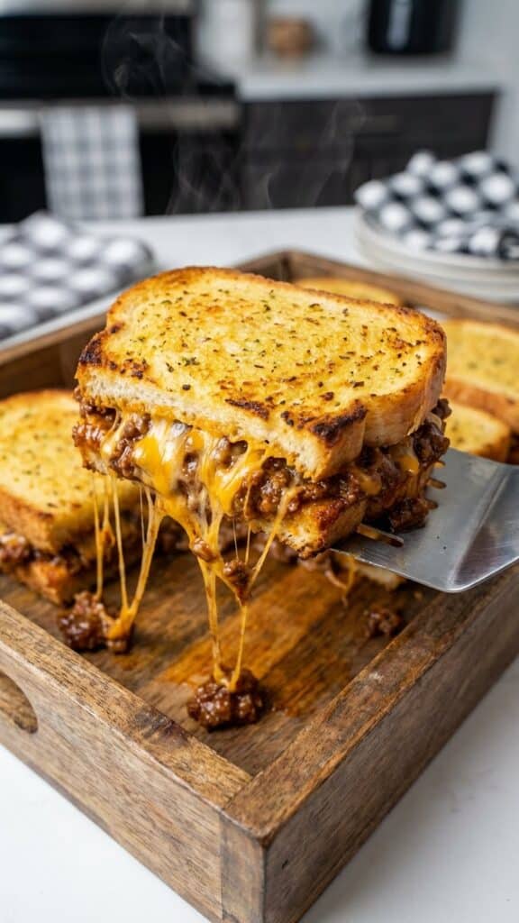 Close-up of a cheesy Texas Toast Sloppy Joe being lifted with a spatula.