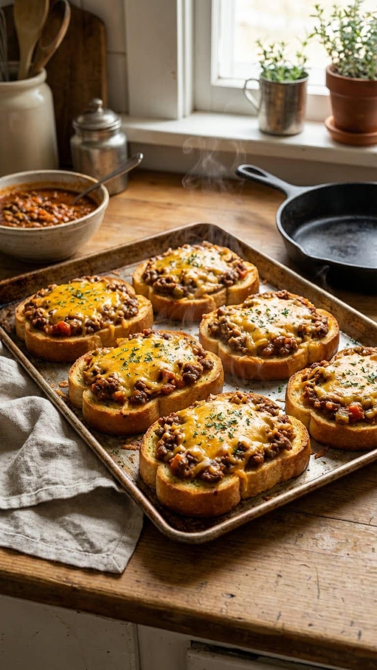 A baking sheet of open-faced Sloppy Joes on garlic Texas Toast topped with melted cheese.
