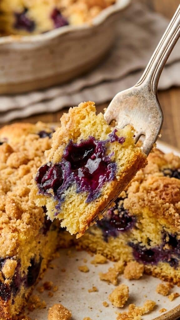 Close-up of a fork cutting into a piece of blueberry buckle showing a burst berry.