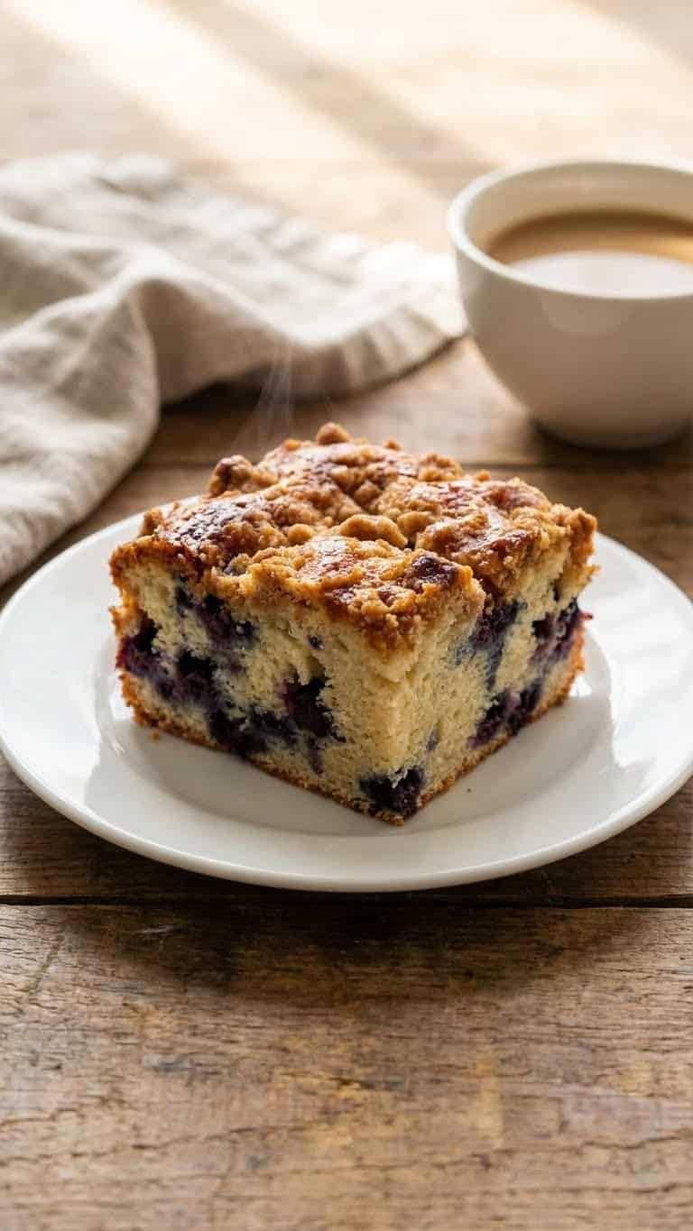 A slice of blueberry buckle cake with a crumb topping and plenty of berries.