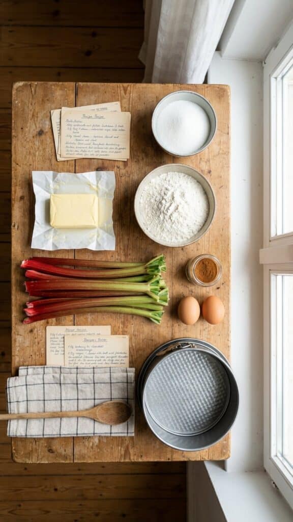 Flat lay of ingredients for German rhubarb cake including fresh rhubarb stalks and butter.