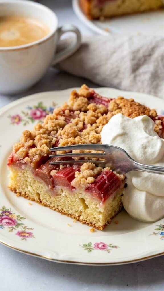 Close-up of a slice of rhubarb streusel cake served with a dollop of whipped cream.
