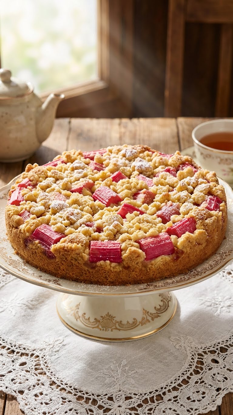 A round German rhubarb cake with golden crumble topping on a cake stand.