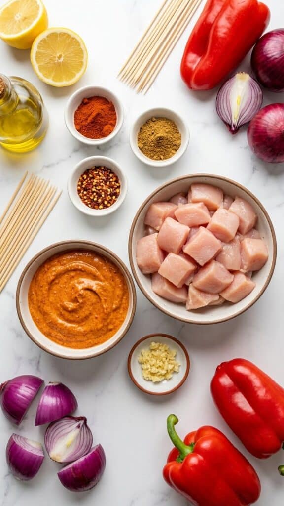 Overhead view of ingredients for Turkish chicken kebabs: raw chicken, yogurt marinade, spices, garlic, lemon, oil, skewers, and vegetables on a marble surface.