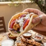 A hand holding a pita wrap filled with grilled Turkish chicken kebab, vegetables, and sauce, set in a sunny outdoor dining atmosphere.
