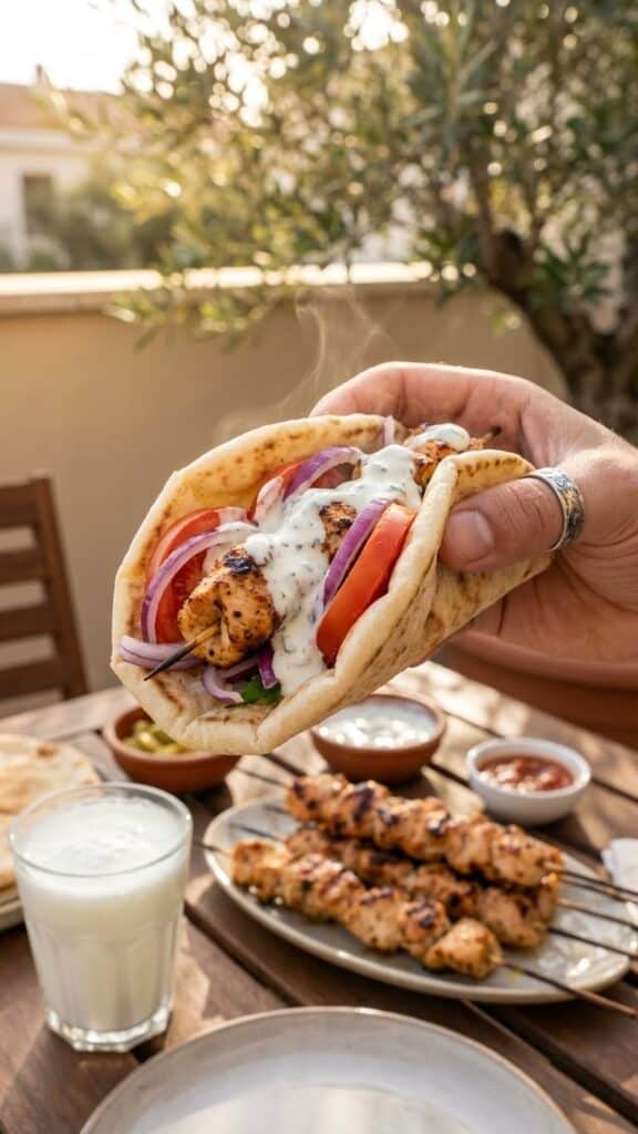 A hand holding a pita wrap filled with grilled Turkish chicken kebab, vegetables, and sauce, set in a sunny outdoor dining atmosphere.