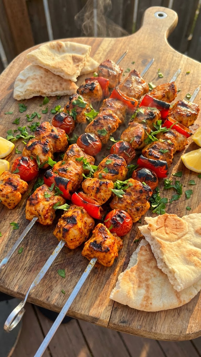 A close-up photograph of grilled Turkish chicken kebabs on skewers, served on a wooden platter with charred vegetables, fresh parsley, lemon, and pita bread.