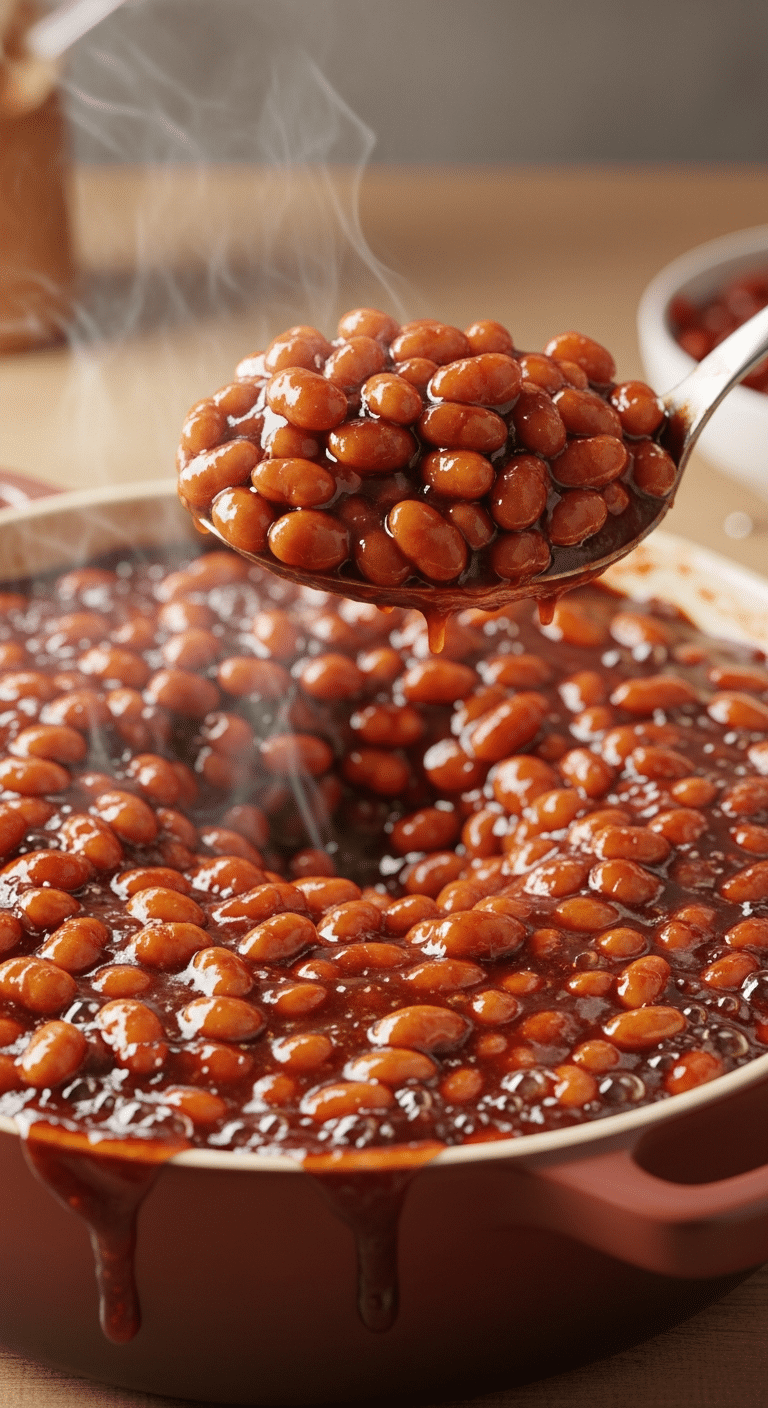 A close-up photograph of bubbling hot vegan baked beans in a rustic ceramic dish, showing a thick, glossy dark sauce and caramelized edges.