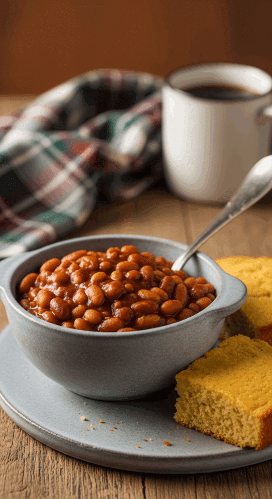 A bowl of thick vegan baked beans served beside a slice of cornbread on a wooden table in a cozy setting.