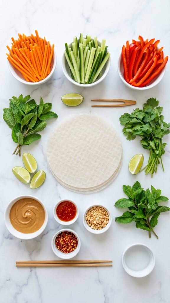 Overhead flat lay of ingredients for spring rolls: rice paper stack, julienned carrots, cucumbers, peppers, fresh herbs, limes, and peanut butter.