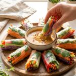 A close-up POV shot of a hand holding a bitten vegetable spring roll dripping with rich peanut sauce.
