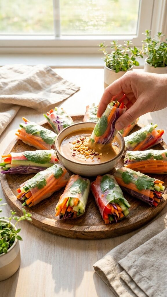 A close-up POV shot of a hand holding a bitten vegetable spring roll dripping with rich peanut sauce.