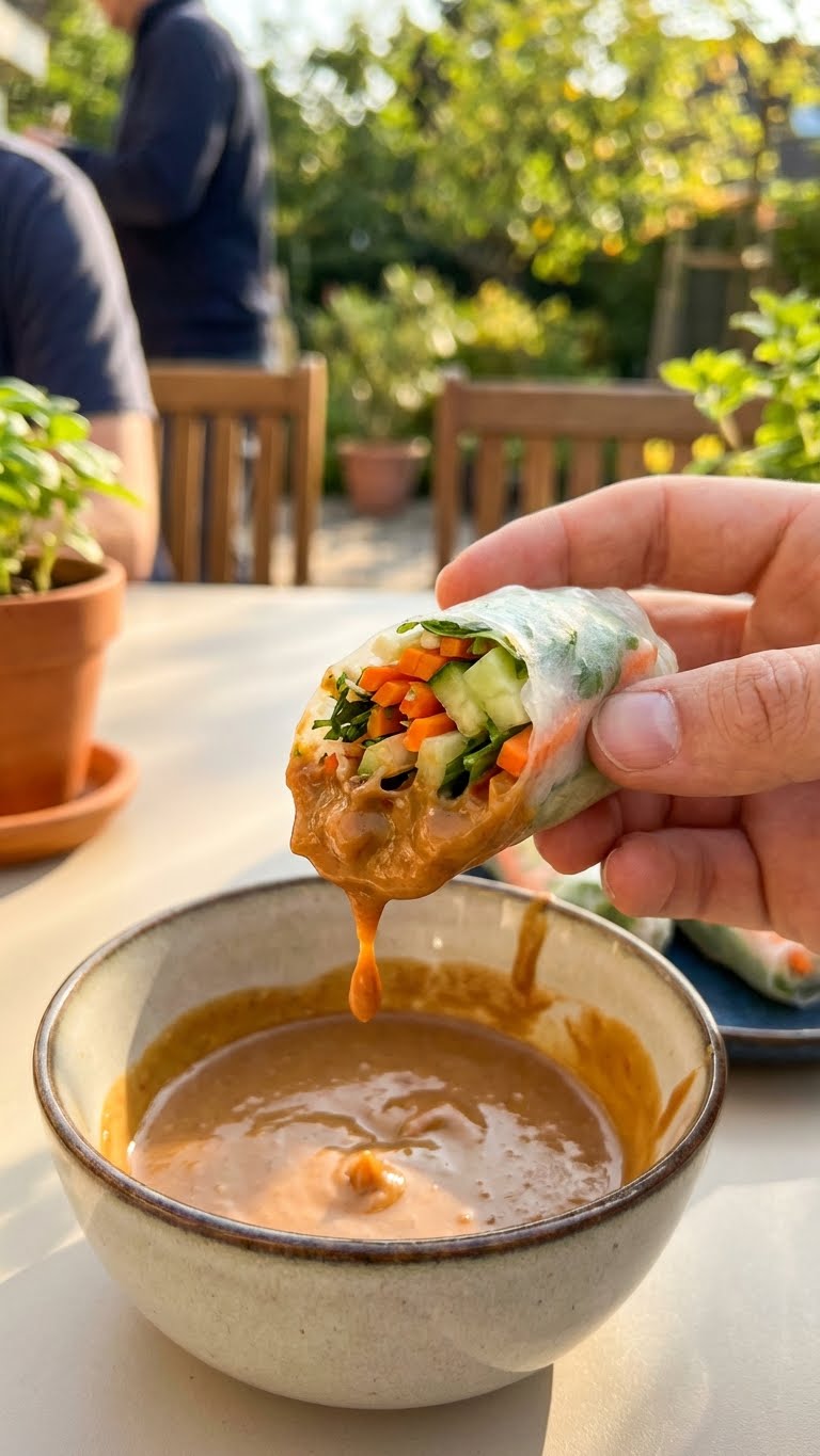 A platter of fresh, colorful vegetable spring rolls with some cut in half, surrounding a bowl of creamy peanut sauce with a hand dipping one roll.