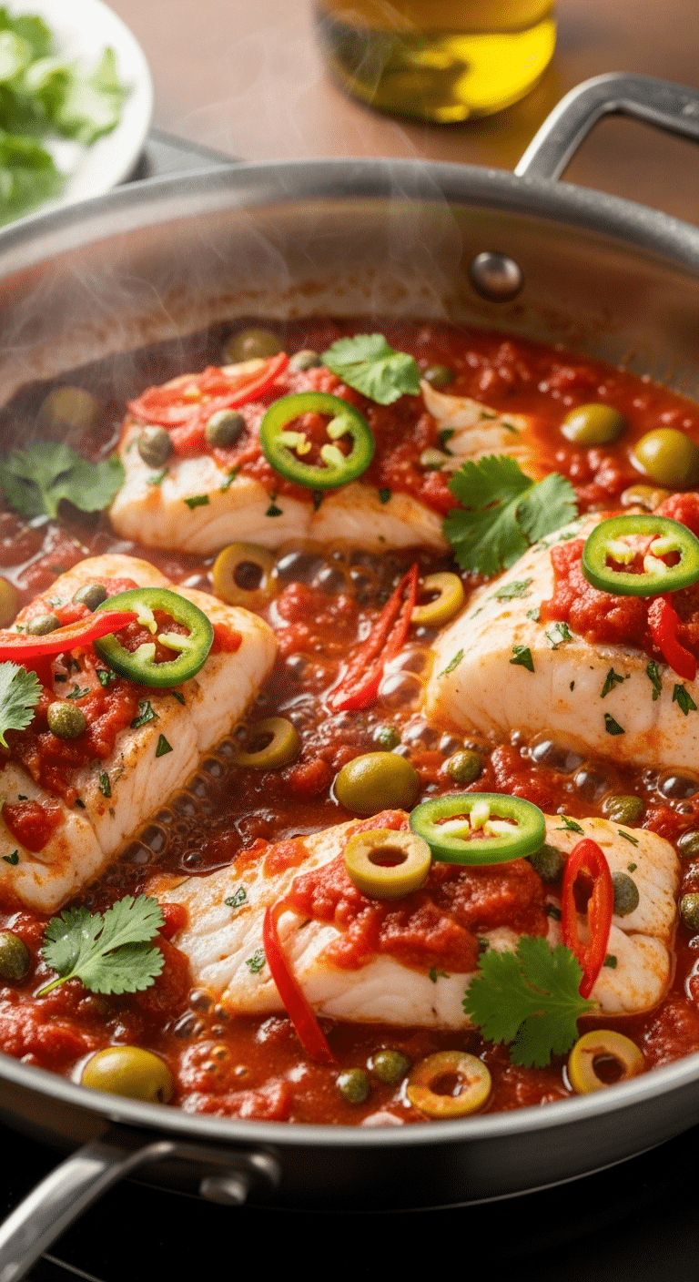 Close-up of Red Snapper fillets simmering in a tomato, olive, and caper sauce in a stainless steel skillet.