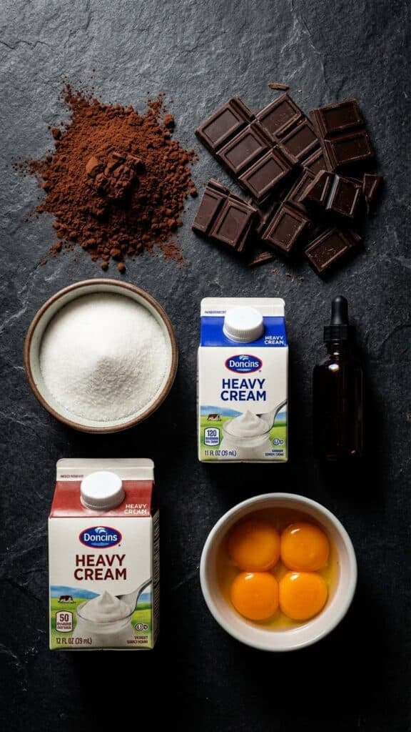 Flat lay of ice cream ingredients including cocoa powder, dark chocolate chunks, and egg yolks.