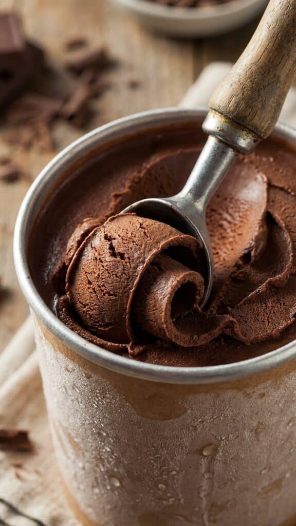Close-up of a metal scoop curling through deep dark chocolate ice cream.