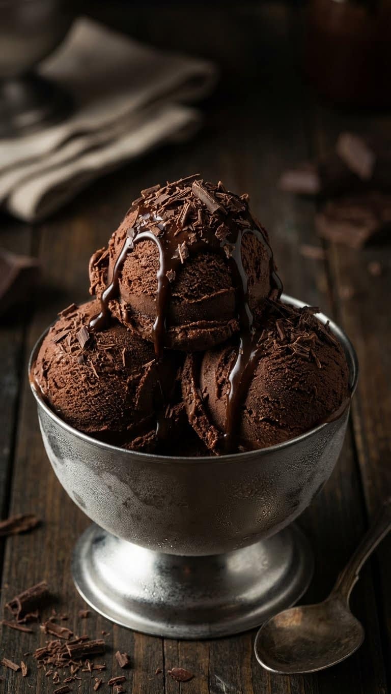 Three scoops of rich, dark chocolate ice cream in a silver bowl topped with shavings.