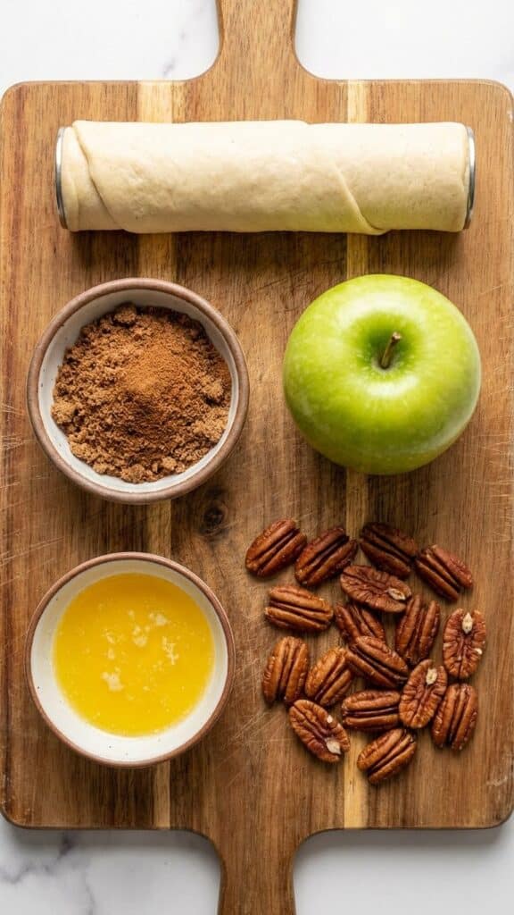 Flat lay of ingredients for apple bites including a green apple and crescent rolls