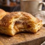 Close-up of a warm apple bite showing the cooked apple inside.