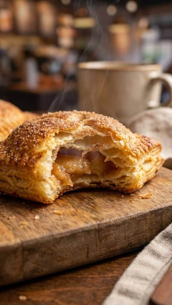 Close-up of a warm apple bite showing the cooked apple inside.