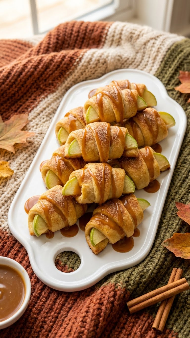 Stack of baked cinnamon apple bites drizzled with caramel.