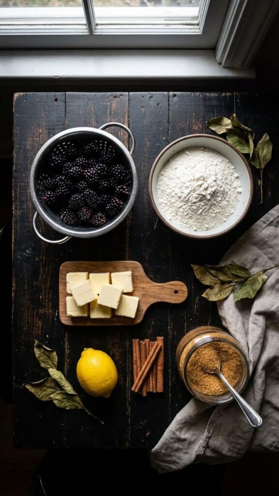 Flat lay of ingredients for blackberry cobbler including fresh berries, flour, and butter.