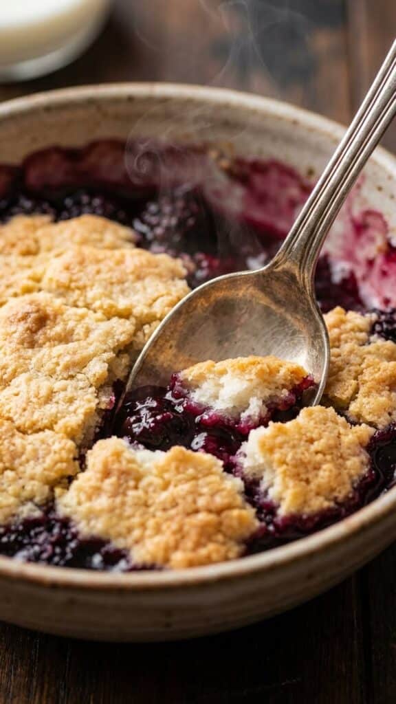 Close-up of a spoon cutting into a fluffy cobbler biscuit and blackberry filling.